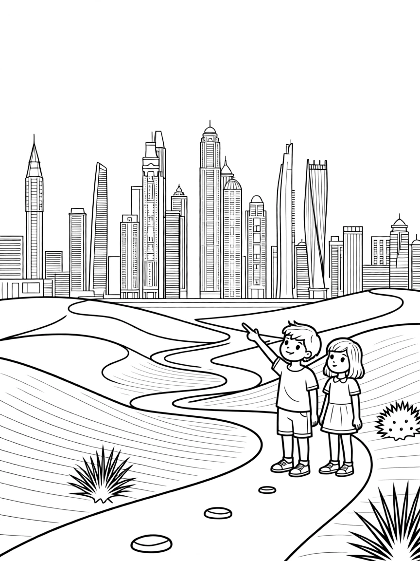 A coloring page set in Saudi Arabia, showing a modern skyline rising beside golden desert dunes, with a winding path leading toward it and a couple of curious children pointing excitedly.