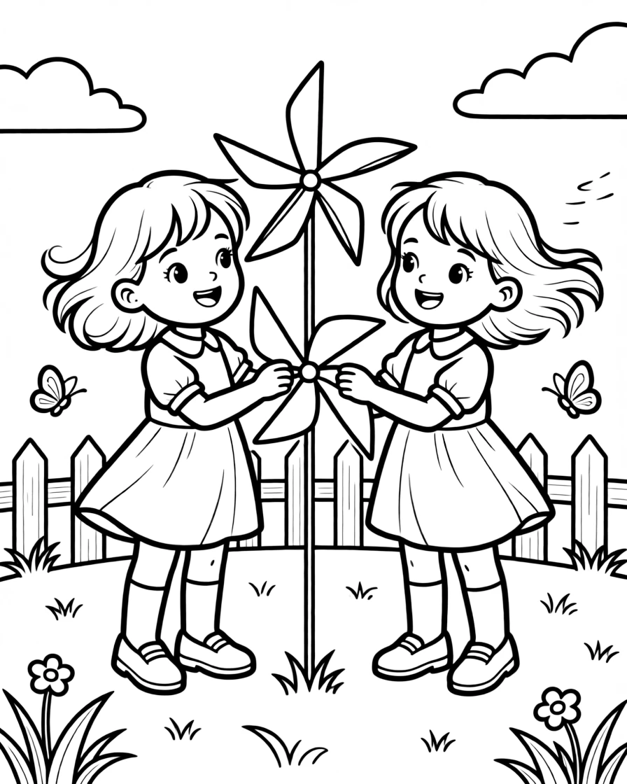wide-eyed twin sisters build a windmill from paper blades that spin in a breezy yard.