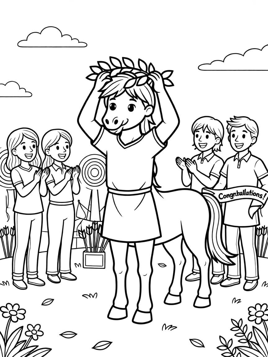 A young centaur wins his first archery competition, his family cheering as a wreath of laurel leaves is placed on his head.