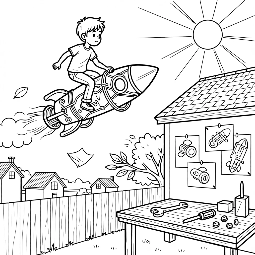 [Imaginative Inventions] A dynamic scene shows a rocket-powered skateboard soaring over rooftops on a wild machine in a cluttered backyard workshop, letting out a triumphant roar. Close by, blueprints are pinned to the workshop wall. Wires and bolts decorate the contraption. The moment unfolds at sunset, with a light breeze blowing, filled with energetic detail perfect for a young colorist.