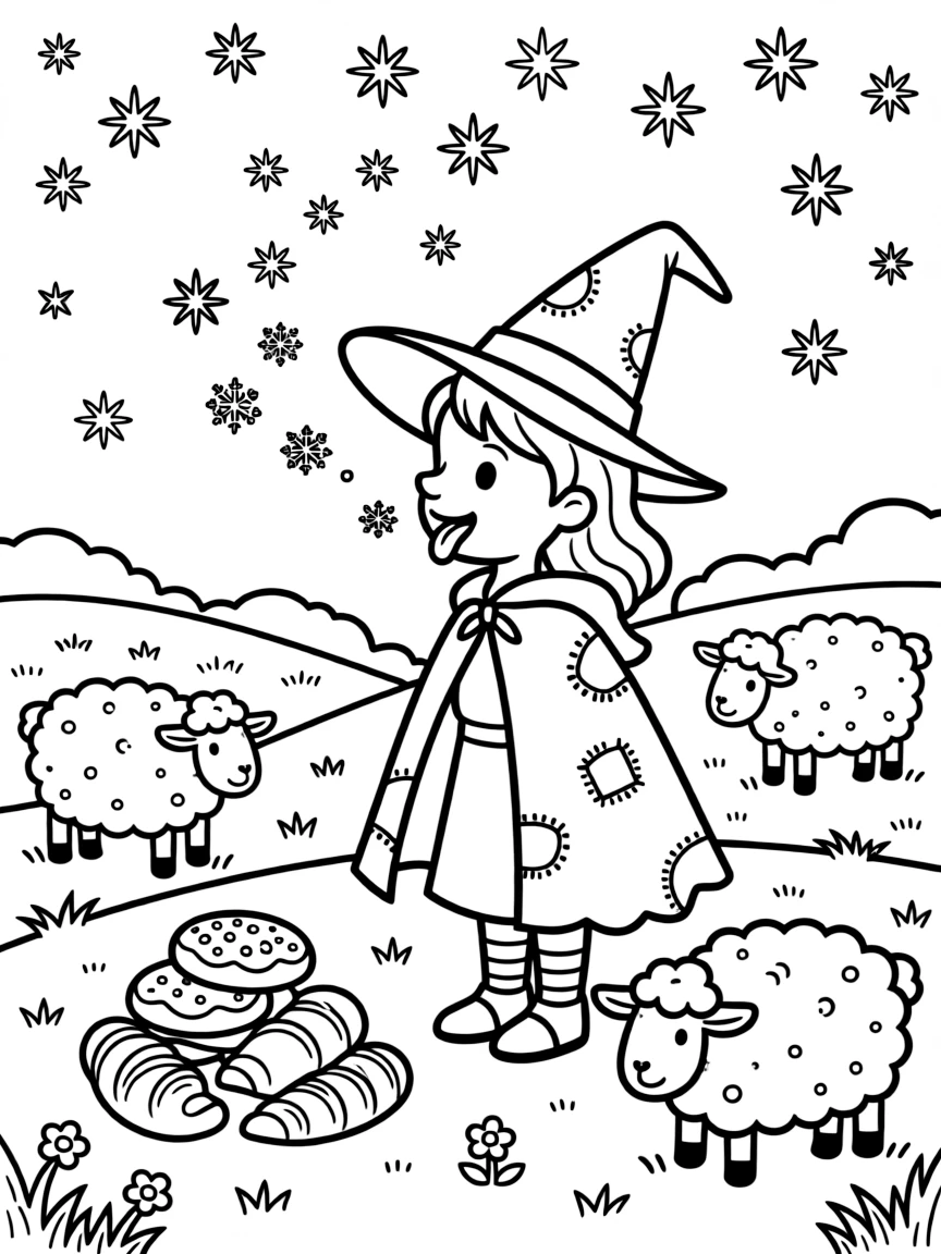 A young witch in a pointy hat and patched cloak is catching snowflakes on an outstretched tongue in a meadow where fluffy sheep graze. Close by, a stack of freshly baked pastries and sparkling stars scattered across the sky add to the delightful moment.