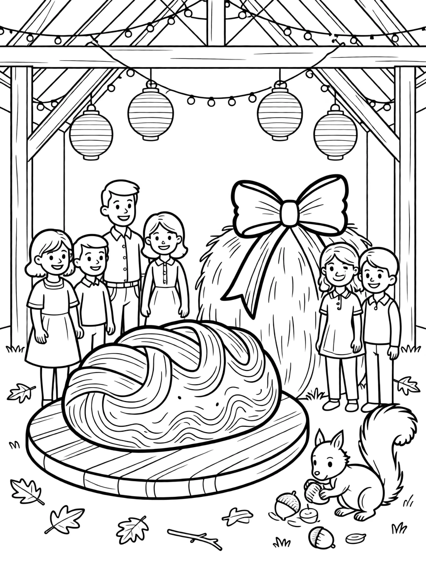 A wide view in a barn decorated with string lights and paper lanterns, featuring a round loaf of sweet braided bread, a whole smiling family, and a hay bale decorated with a bow, with a squirrel gathering acorns nearby.