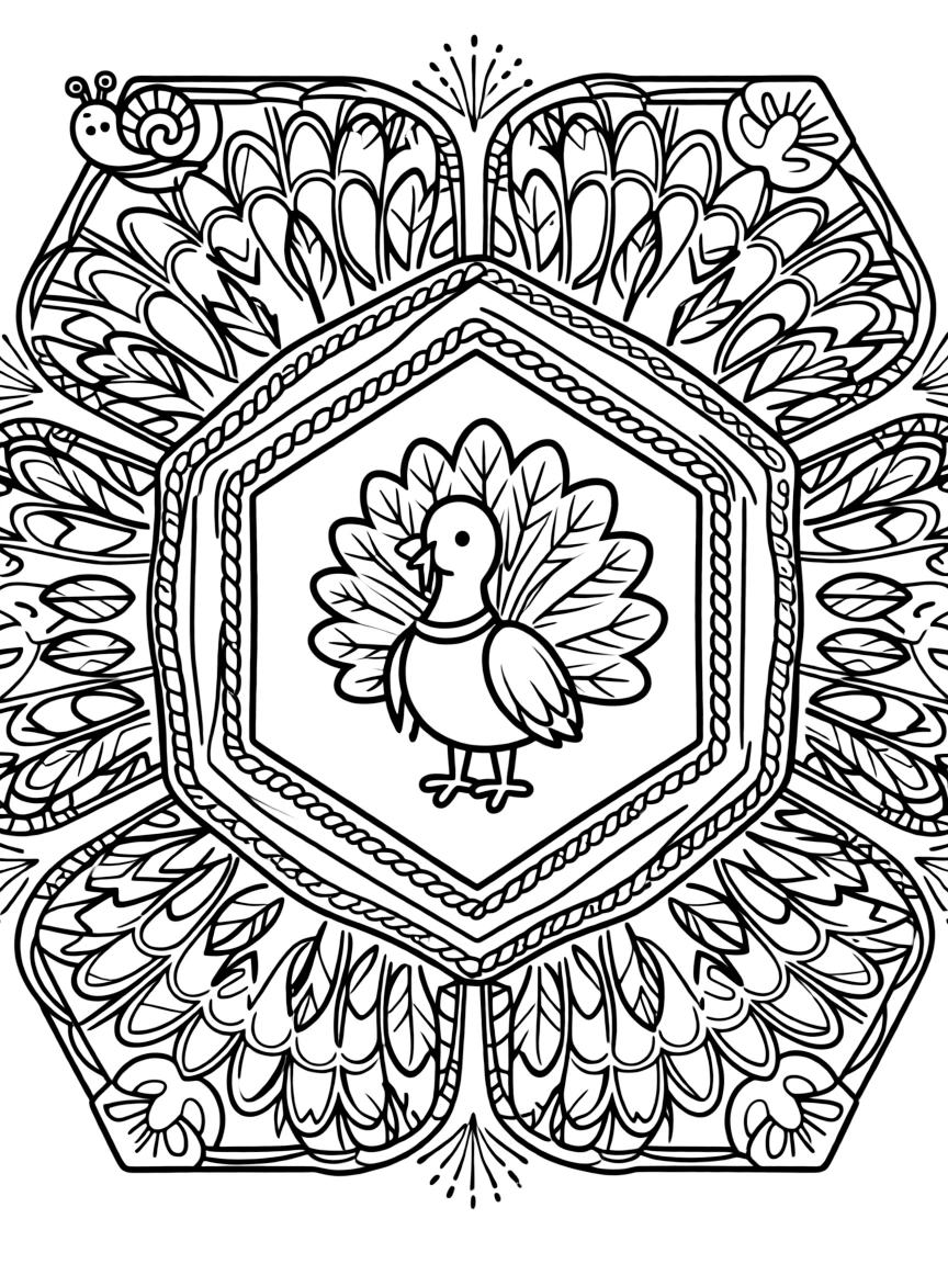 Farm Animals: The main subject is a turkey with a fully fanned tail of feathers, drawn as the focal point of a hexagon-based mandala built from six matching wedges. It is positioned in the middle of the page so the design radiates outward evenly in every direction. Decorative details fill the surrounding space, including rows of scalloped fan shapes, bands of braided rope shapes, and rays fanning out like a small sunburst woven throughout the background. A playful extra touch completes the page: a little snail resting quietly on one of the larger shapes.