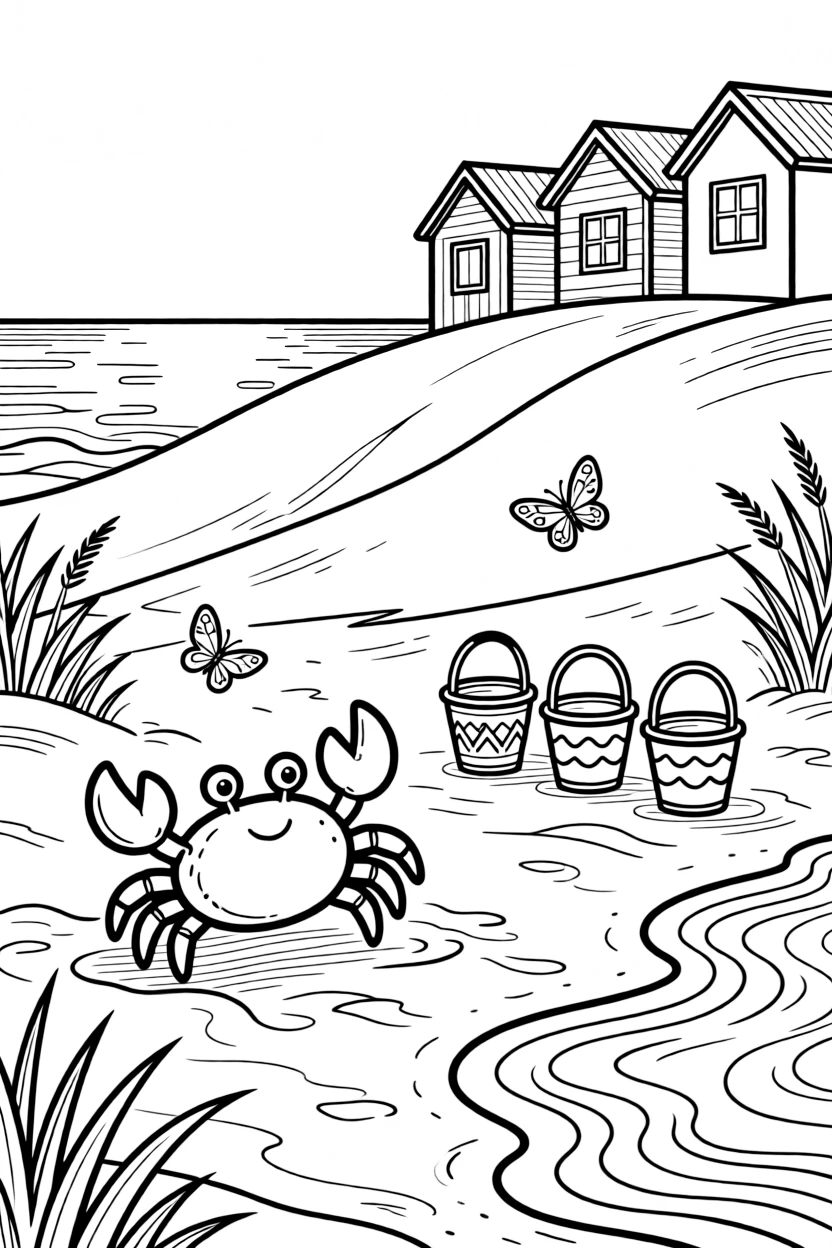 [Sandy Beaches] A friendly crab scuttles sideways across the sand, dodging a row of colorful beach buckets. Butterflies drift over beach grass growing along the edge of the dunes. A row of colorful beach huts lines the top of the dune, overlooking the sparkling sea. Golden sunset light glows across the sand as the tide slowly rolls in.