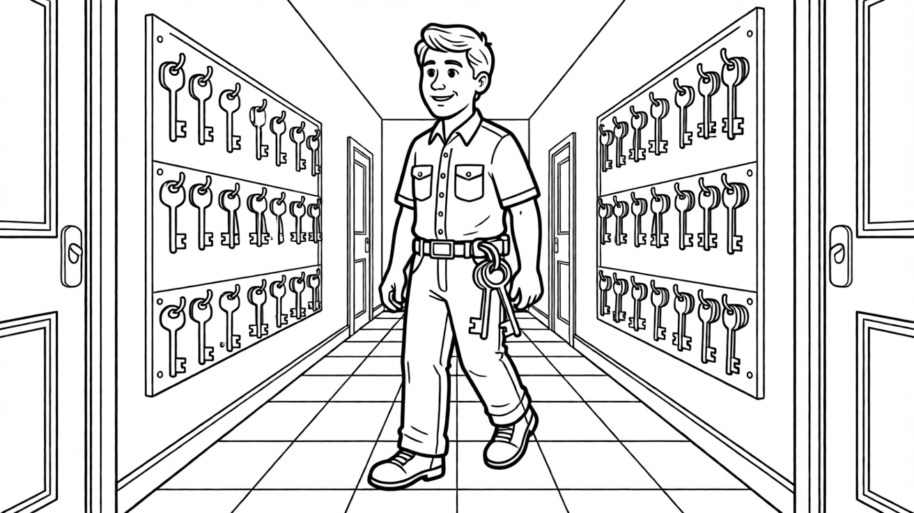 A prison guard walks a hallway lined with keys jingling at their belt.