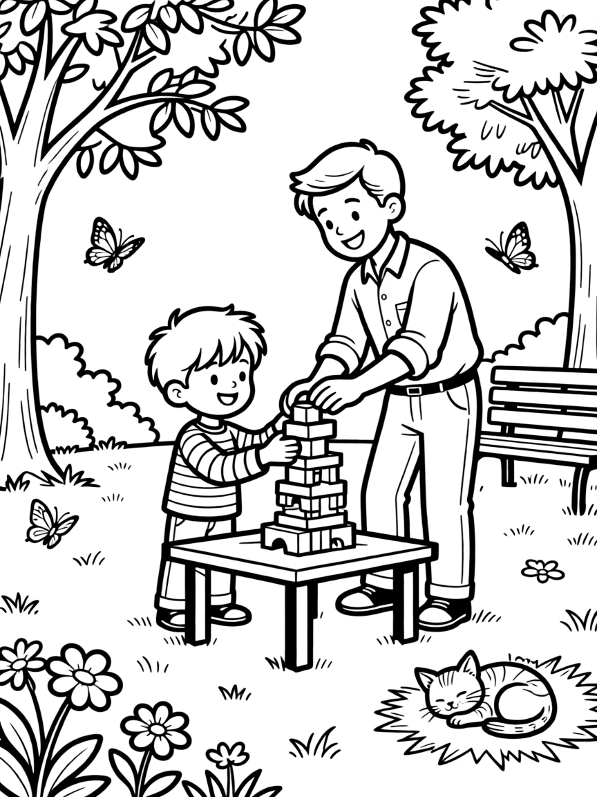 A boy in a striped shirt stacking wooden blocks with an uncle at the local park while a kitten naps in a sunny spot.