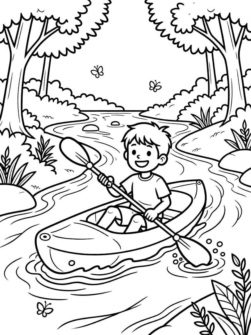 A cheerful young boy, paddling a bright yellow kayak through gentle rapids on a forest river.