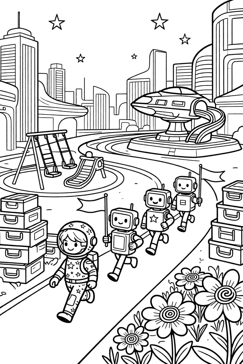 Explorer Comet, a young space explorer in a starry spacesuit leading a parade of friendly robots through a festival in the cyber city near a starship graveyard turned into a playground for young explorers, surrounded by a stack of colorful supply crates and a garden of oversized glowing flowers.