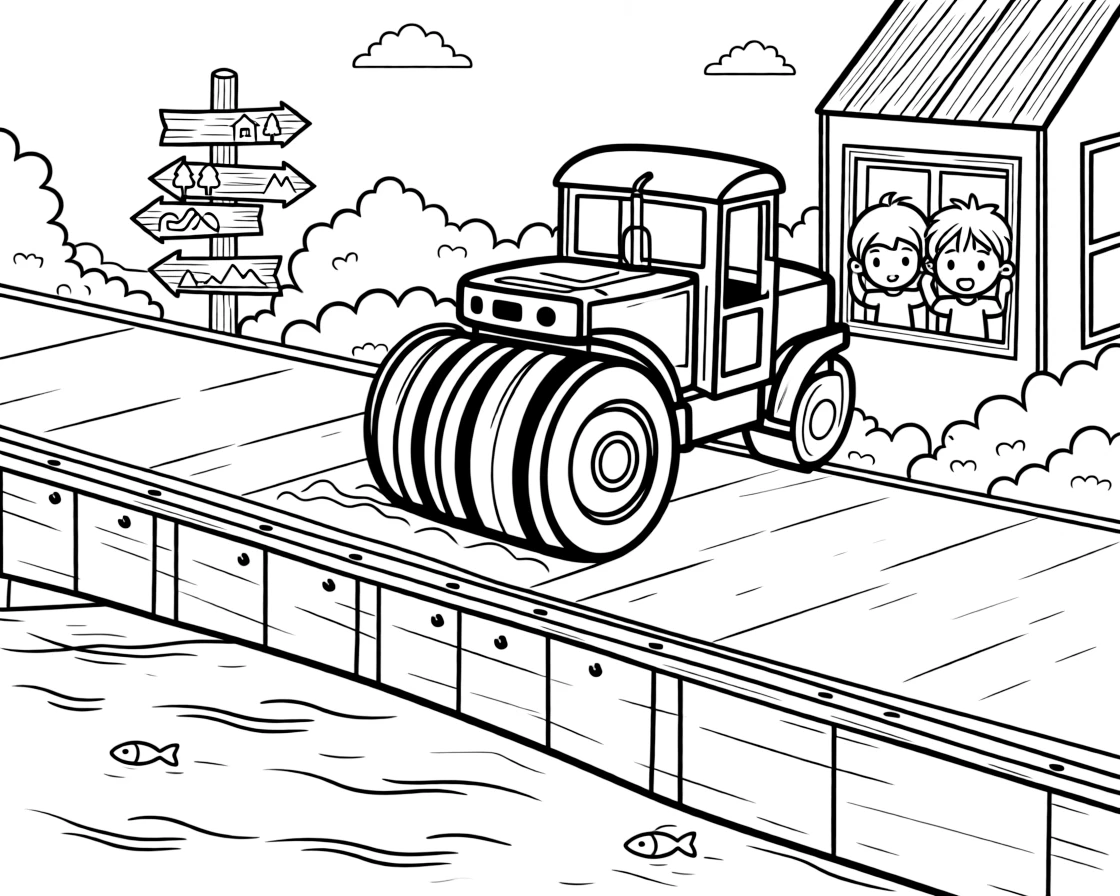 The scene captures a striped steamroller flattening fresh pavement in the middle of a long bridge stretching over a sparkling river, with twin siblings pressing their faces to the window nearby and an old wooden signpost pointing to faraway towns sprinkled around for extra fun.
