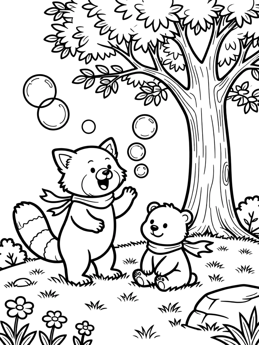 A red panda singing a cheerful tune with a polar bear cub on a mountaintop meadow, near a towering oak tree, as bubbles float up into the sky.