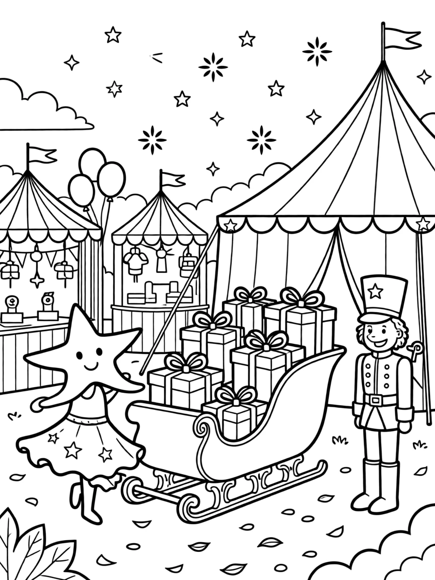 Dreamy and full of excitement, a starfish dancer spends the day delivering presents from an overflowing sleigh at a county fair with games and a big striped tent. Nearby, a wind-up toy soldier standing at attention adds to the fun. Sparkles and stars fill the air with magic.
