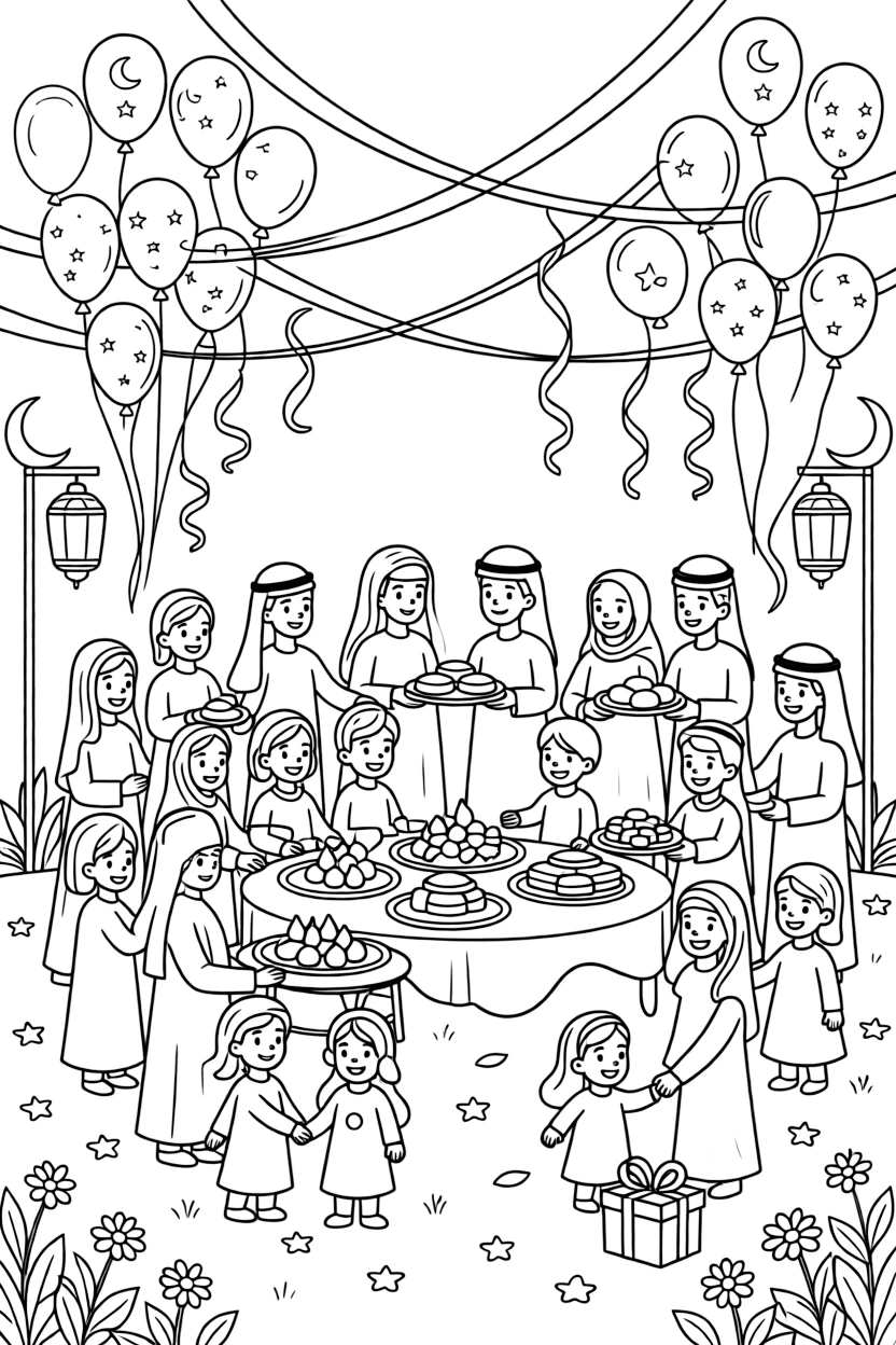 A coloring page bursting with festival energy from Saudi Arabia, depicting the Eid al-Fitr celebration with families sharing sweets and new clothes, with balloons, streamers, and happy onlookers filling the scene.