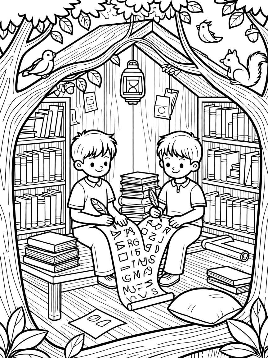 determined twin brothers sit in a treehouse library and traces letters of the alphabet with a feather quill on a scroll of parchment.