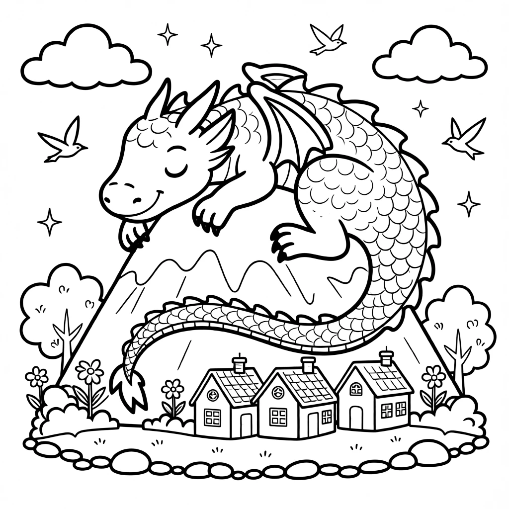 A sleepy dragon uses a mountain as a pillow, its long tail curling around a village nestled safely at the base.