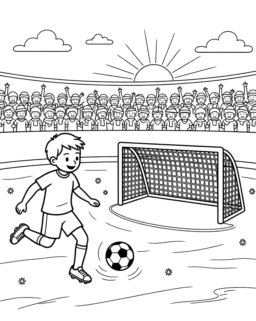 [Sports] a young soccer player kicking the ball toward the goal on an ice rink. In the background, a crowd fills the stands, adding extra fun to explore. A goal or hoop stands ready in the frame. It all happens at sunrise, under clear blue skies.