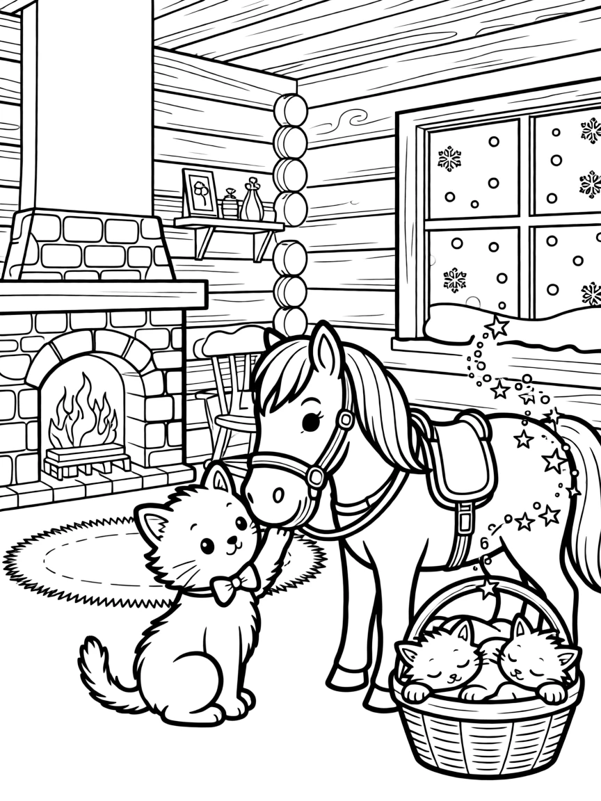 A playful kitten with a bow around its neck is petting a friendly pony's soft nose inside a cozy log cabin during a gentle snowstorm. Just beyond, a basket of sleepy kittens curled together and a trail of glittering fairy dust add to the delightful moment.