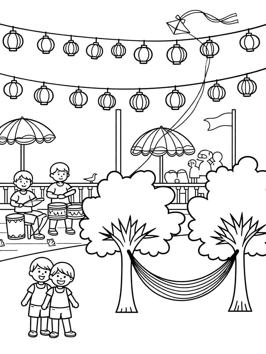 Drummers playing beneath strings of lanterns at a bustling boardwalk with striped umbrellas, alongside a pair of giggling twins and a hammock strung between two trees, with a kite soaring high overhead close by.