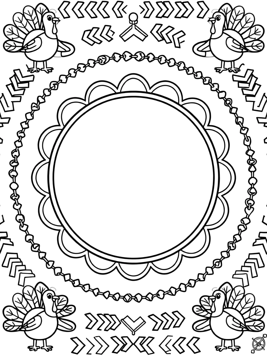 Farm Animals: The page centers on a repeating motif of a turkey with a fully fanned tail of feathers, built around a scalloped wreath mandala with rounded overlapping arcs. The motif is repeated in a corner-to-corner border that circles the entire page, leaving a round open area in the middle. Decorative details fill the surrounding space, including ribbons folded into gentle zigzags, rows of arrow-shaped chevrons, and a repeating chain of small diamonds woven throughout the background. A playful extra touch completes the page: a tiny compass shape resting in one corner of the design.