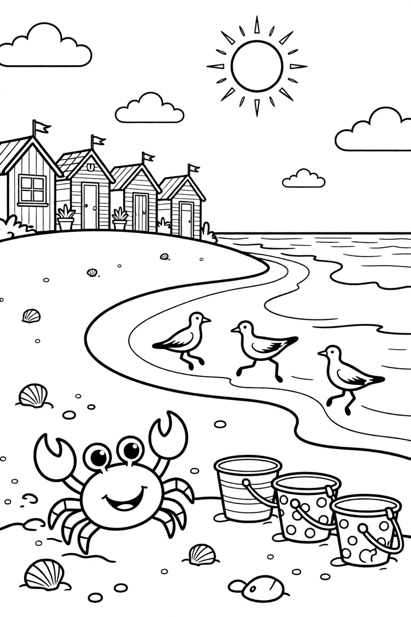 [Sandy Beaches] A friendly crab scuttles sideways across the sand, dodging a row of colorful beach buckets. Sandpipers dash along the shoreline, chasing the retreating waves. A row of colorful beach huts lines the top of the dune, overlooking the sparkling sea. The sun sparkles across the gentle waves beneath a sky dotted with fluffy clouds.
