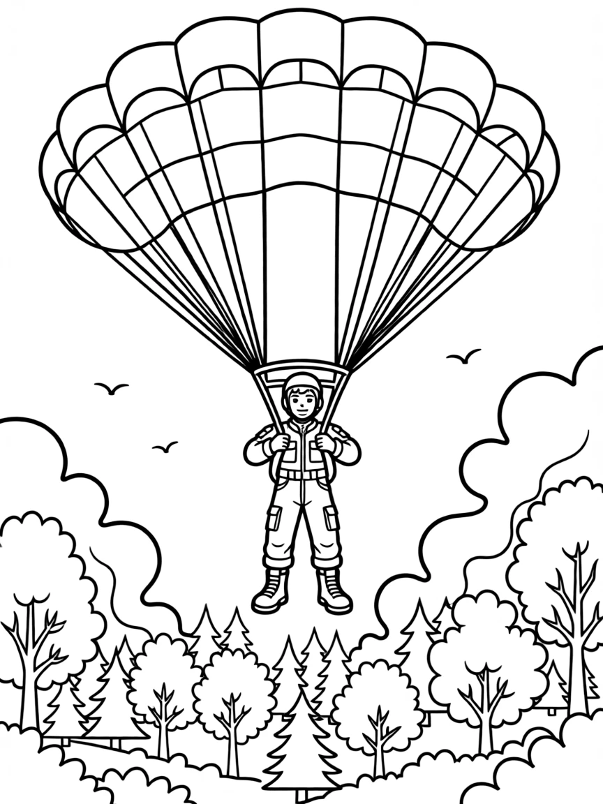 A wildfire smokejumper parachutes down toward a smoky forest below.