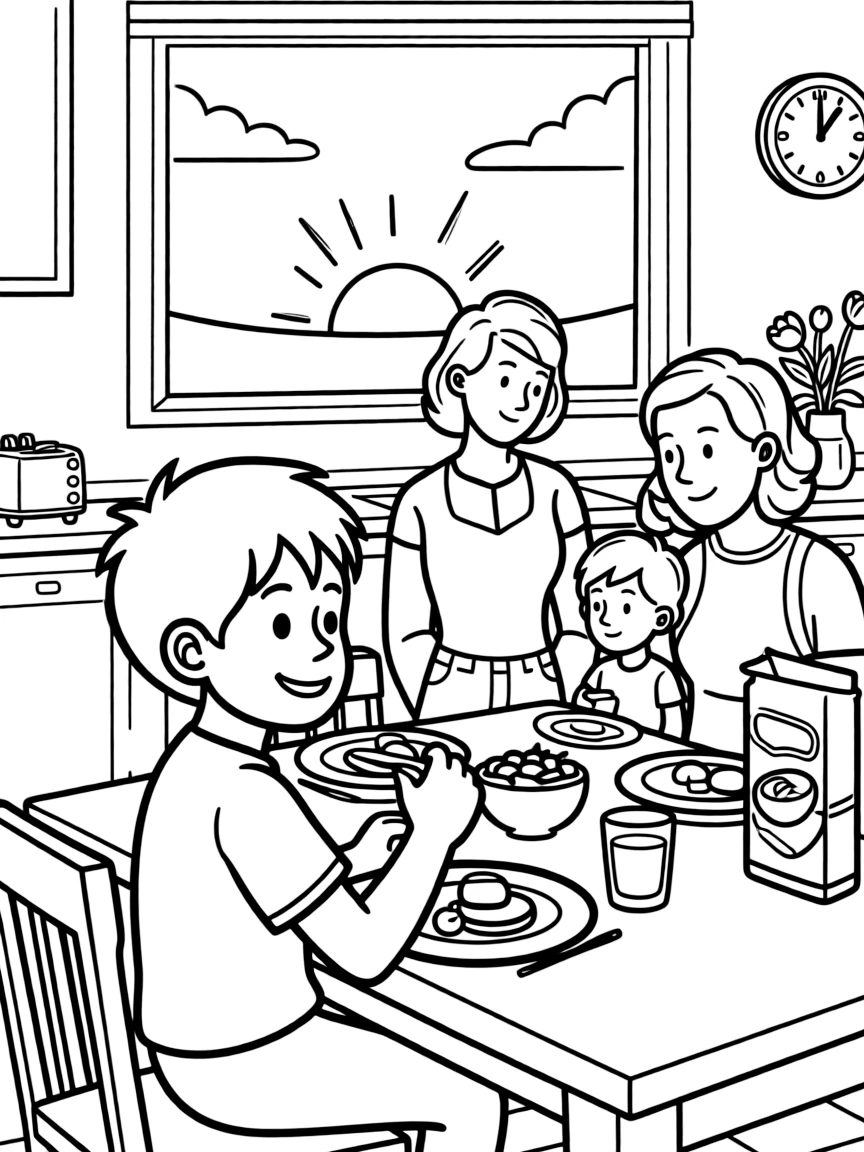 A boy with a hearing aid eating breakfast at the kitchen table with a foster family as the sun sets in orange and pink.