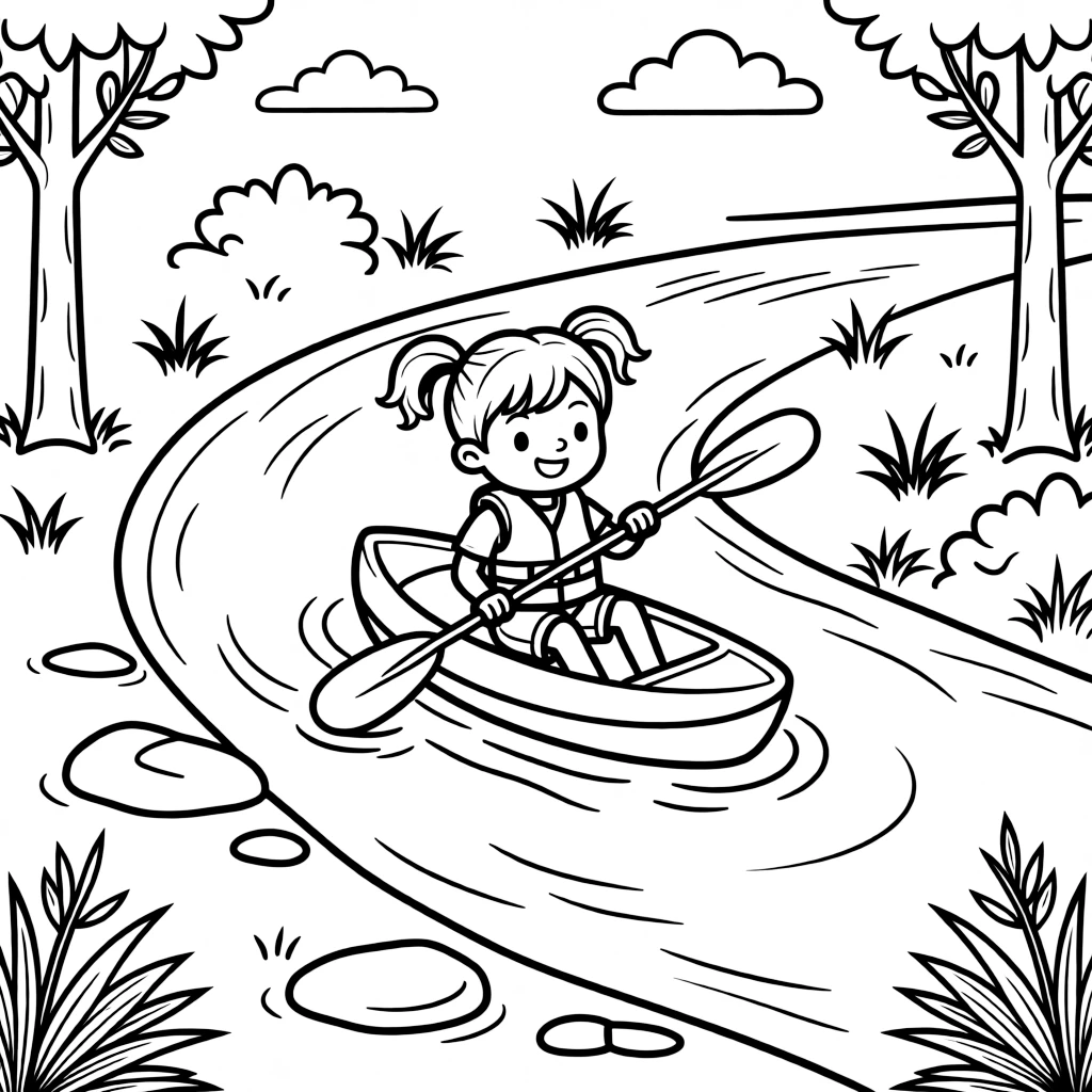 A determined girl with pigtails, steering around a smooth boulder while paddling down a winding stream.