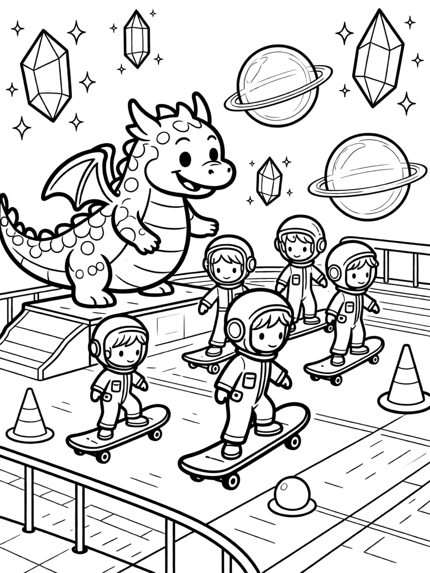 Squeak, a friendly space dragon with soft scales teaching a group of alien children how to skateboard on gravity boards in a training academy for young space cadets with obstacle courses, as a cluster of floating crystals humming softly and a cluster of soap-bubble-like energy shields fill the scene.