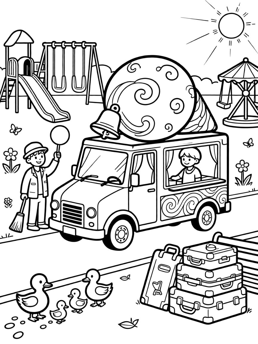 A swirly-topped ice cream truck with a jingling bell is shown journeying through a sunny schoolyard with a crossing guard and playground, with a family of ducks waddling alongside close by and a stack of suitcases piled up for the journey completing the lively scene.
