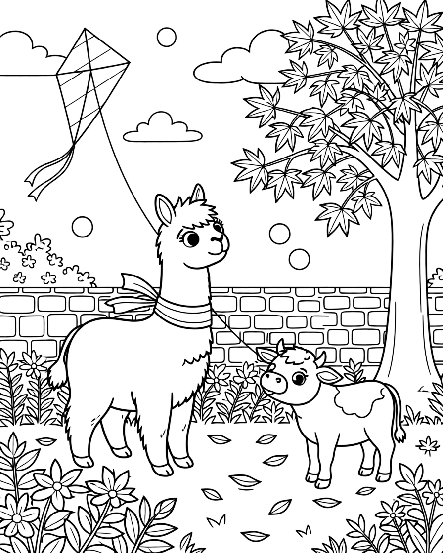 A llama flying a kite with a calf in a secret garden behind a stone wall, near a maple tree in autumn colors, as bubbles float up into the sky.