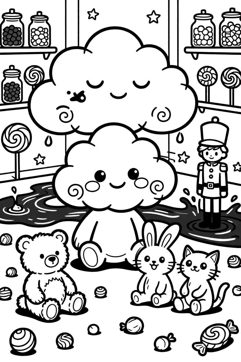 A wide-eyed cloud with a sleepy smile takes a break from adventures to try putting on a puppet show for stuffed animal friends inside a candy factory with rivers of chocolate, with a wind-up toy soldier standing at attention close behind. The whole scene bursts with joy and adventure.