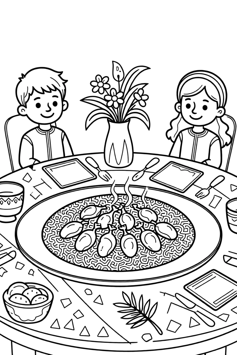 A coloring page of a cozy mealtime scene from Saudi Arabia featuring a plate of kabsa spiced rice with roasted chicken, arranged on a table with napkins, cups, and a cheerful centerpiece.