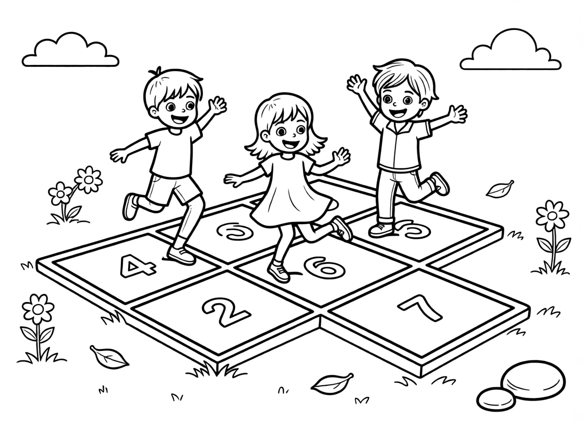 a bright-eyed group of three kids hops across a giant hopscotch grid painted with numbers one through ten.