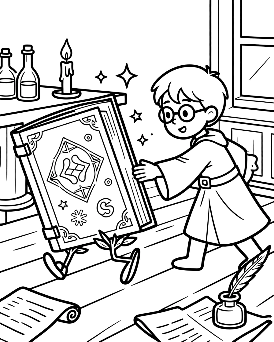 A wizard's spellbook sprouts legs and scurries away from a mischievous apprentice trying to sneak a peek at forbidden pages.