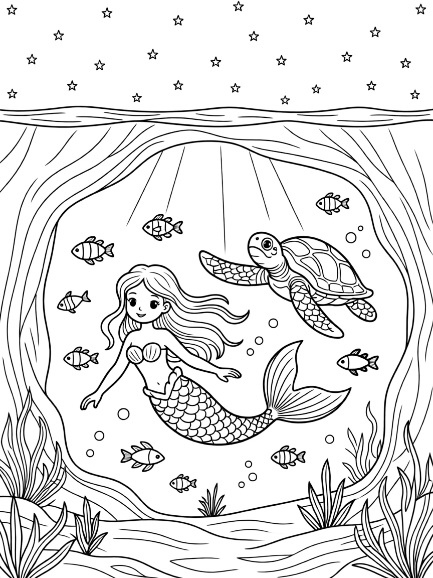 [Underwater Adventures] a mermaid swimming among the fish swimming alongside a friendly sea turtle inside an underwater cave. In the background, sunlight filters down in golden beams, adding extra fun to explore. Light rays create a dreamy underwater glow. It all happens under a starry night sky, with fireflies beginning to glow.
