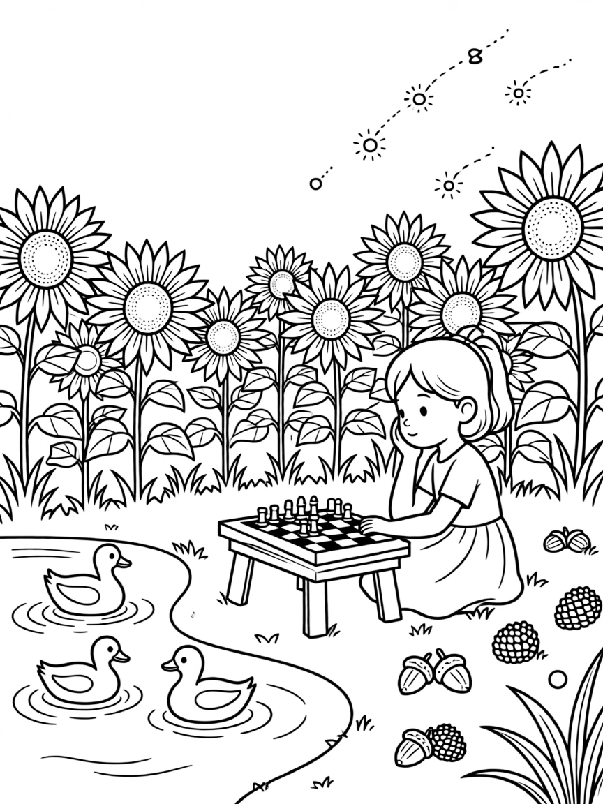 A girl chess player pondering her next move is feeding a family of ducks by the water's edge in a sunflower field at golden hour. Close by, a cluster of acorns and pinecones scattered about and twinkling fireflies rising into the air make the setting feel extra special.