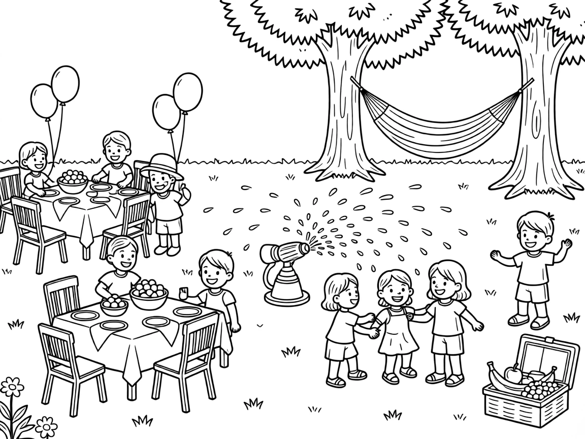 A street party with tables lined up outdoors in a backyard with a colorful sprinkler running, with a hammock strung between two trees and a picnic basket packed with fruit nearby.