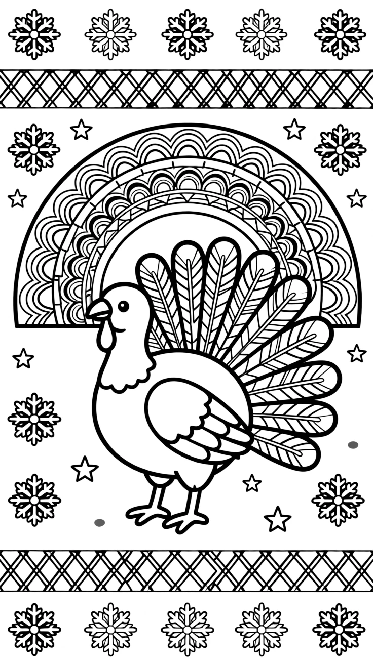 Farm Animals: The page presents a small themed scene built around a turkey with a fully fanned tail of feathers, tied together by an arched dome mandala built from layered nested arches. The scene is positioned in the middle of a balanced layout, with smaller matching details arranged above and below. Decorative details fill the surrounding space, including six-point snowflake shapes, rows of small square tiles, and a grid of lattice diamonds woven throughout the background. A playful extra touch completes the page: a scattering of small stars filling in any open gaps in the pattern.