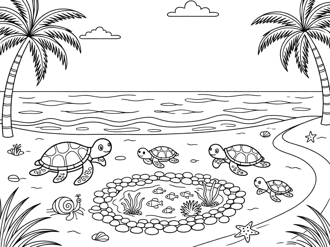 [Sandy Beaches] A family of sea turtles makes its way across the sand toward the sparkling ocean. A hermit crab explores a cluster of tide pools filled with tiny fish and colorful anemones. Palm trees lean over the dunes near a winding path of scattered seashells. The sun sparkles across the gentle waves beneath a sky dotted with fluffy clouds.