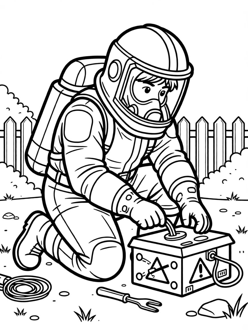 A bomb disposal expert in a thick protective suit inspects a suspicious box.