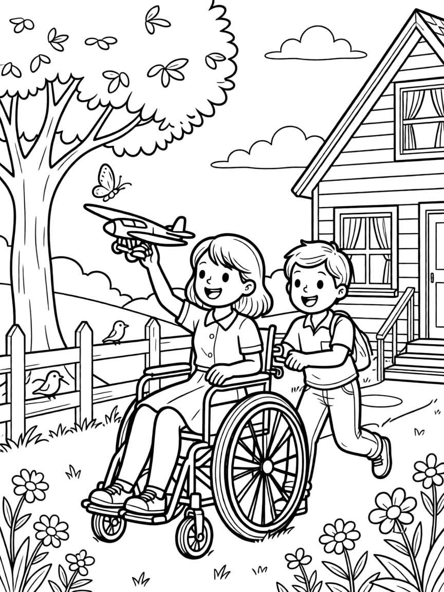 A girl using a wheelchair flying a model airplane together with an older sibling home from college at grandparents' farmhouse while a butterfly visits nearby.