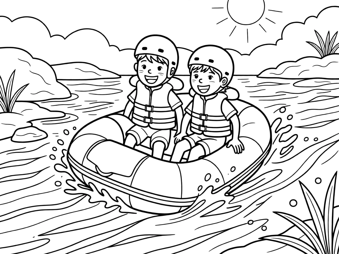 A pair of best friends, wearing a life jacket and helmet while navigating a splashy whitewater course.