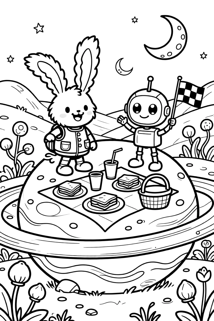 Sizzle, a bouncy alien creature with rabbit-like ears hosting a picnic on the rings of a giant purple planet, in a hidden valley on a distant planet ringed by twin moons, with a pair of moons rising over the horizon and a friendly robot waving a checkered flag nearby.
