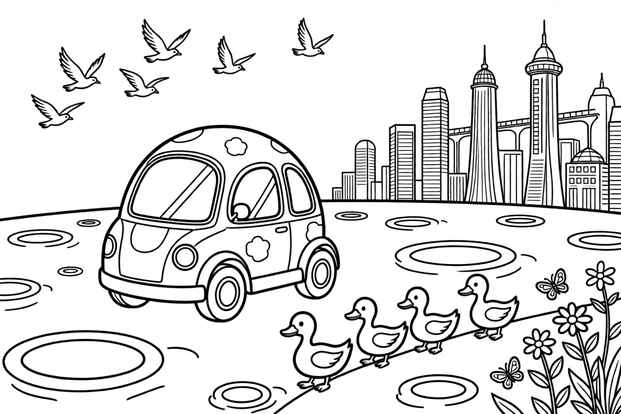 This page centers on a bubble-domed moon taxi bouncing across craters exploring a gleaming futuristic city skyline with towers and skywalks, featuring a family of ducks waddling alongside and little extras like butterflies fluttering near a patch of wildflowers and a flock of birds flying alongside in formation.