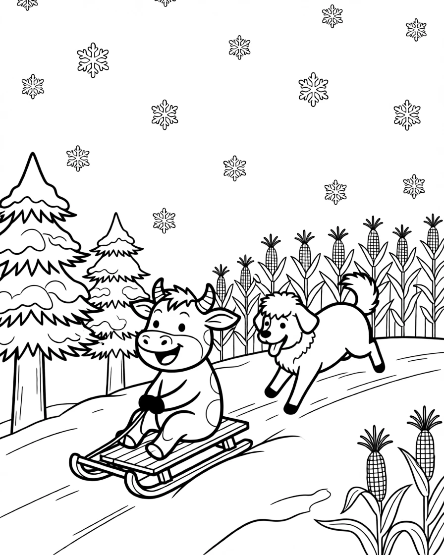 A calf in a snowy pine forest, sledding down a snowy hill with a sheepdog, next to a corn field, as gentle snowflakes drift down.