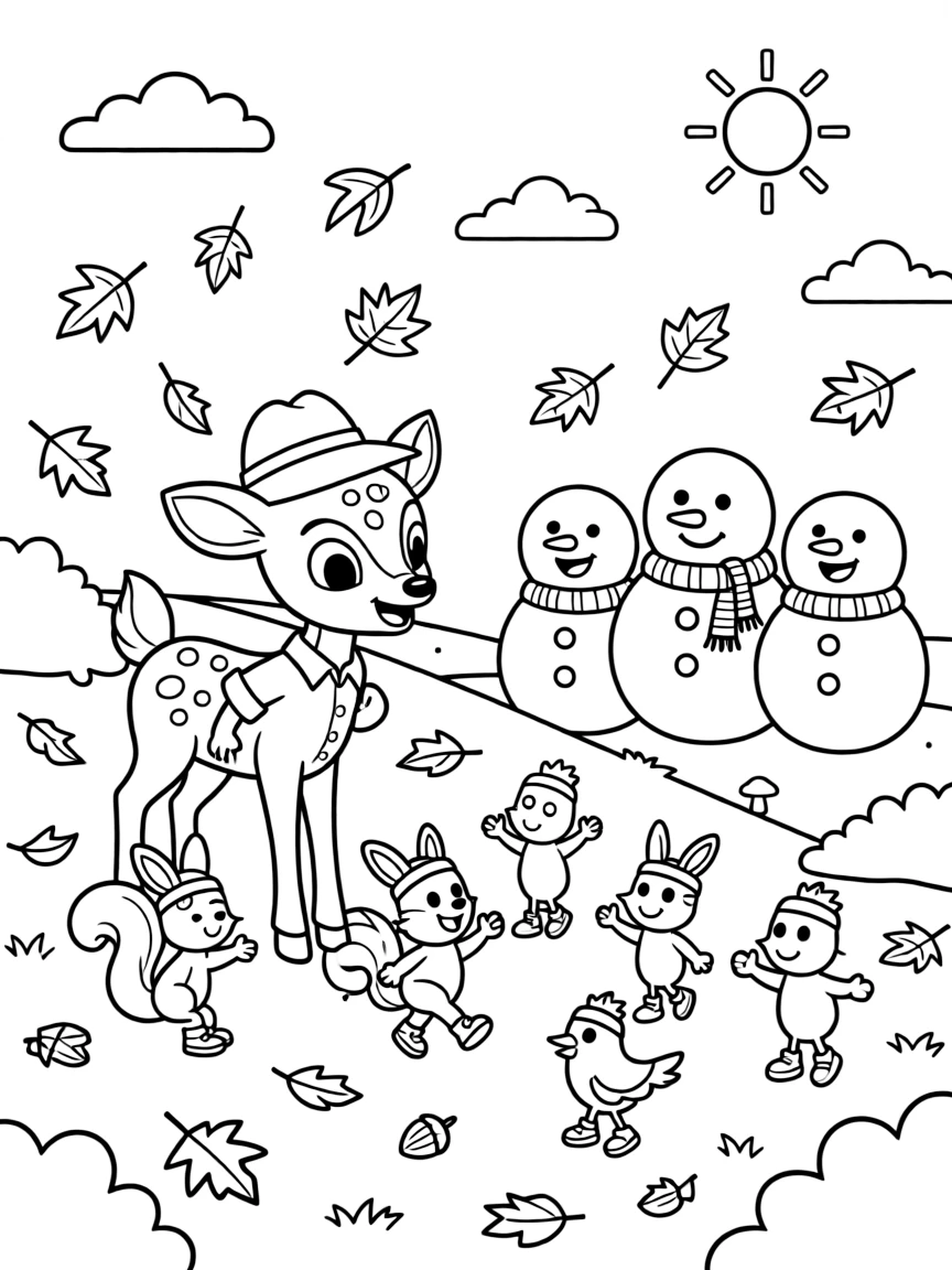 On an autumn hillside covered in falling leaves, a jolly young forest ranger fawn discovers the joy of training for a big race with a team of tiny helpers, while a group of snowmen wearing matching scarves watches happily nearby. The whole gang can't stop smiling.