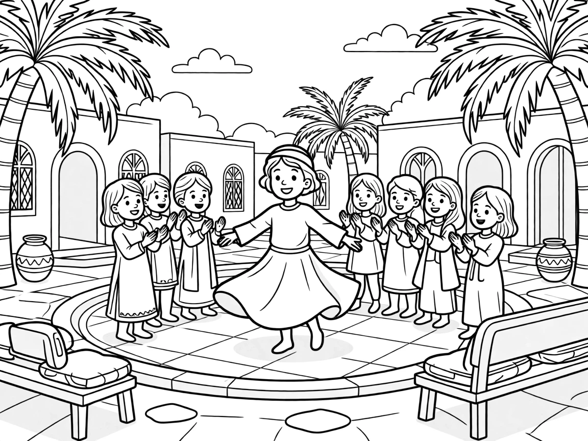 A coloring page from Saudi Arabia showing a child wearing a crisp white thobe or a colorful embroidered abaya, twirling happily in a village square while friends look on and clap.