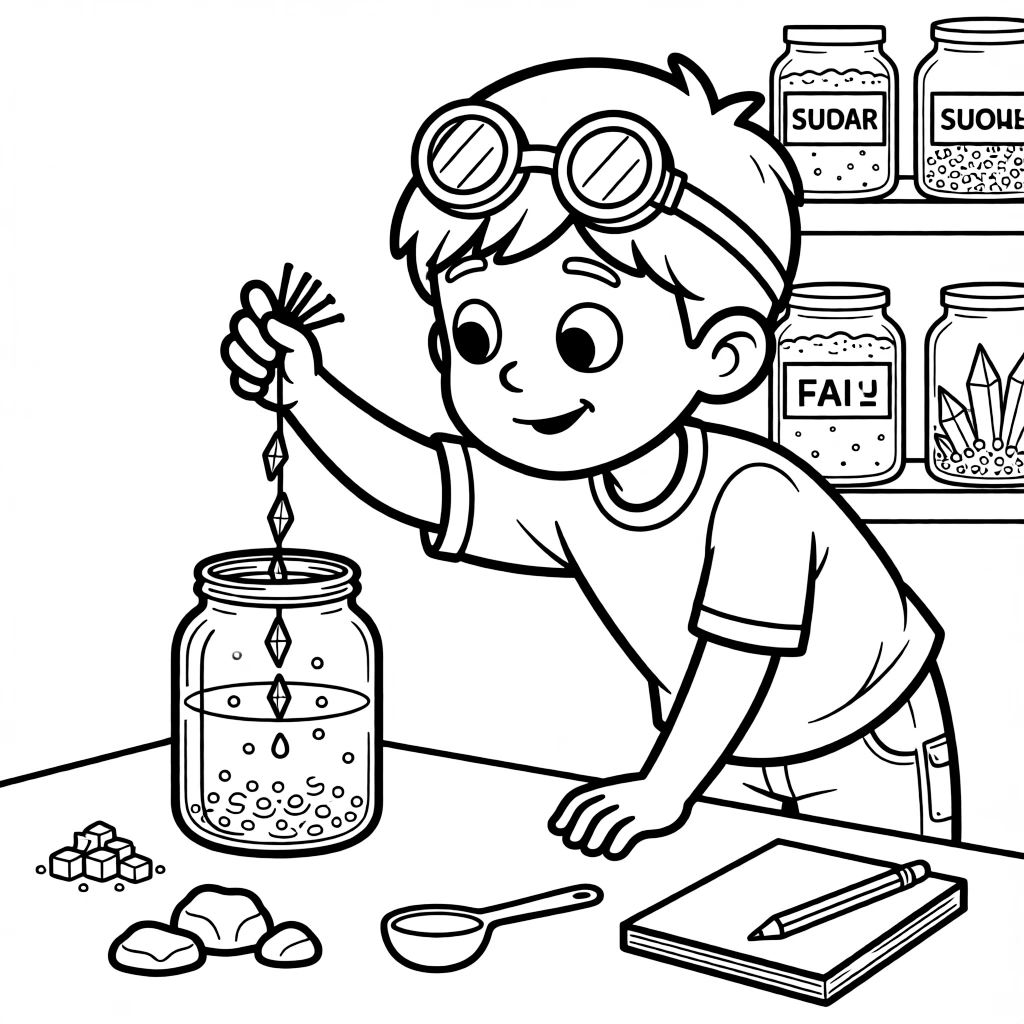 a curious young boy in safety goggles watches crystals form on a string dipped in a jar of sugar water.