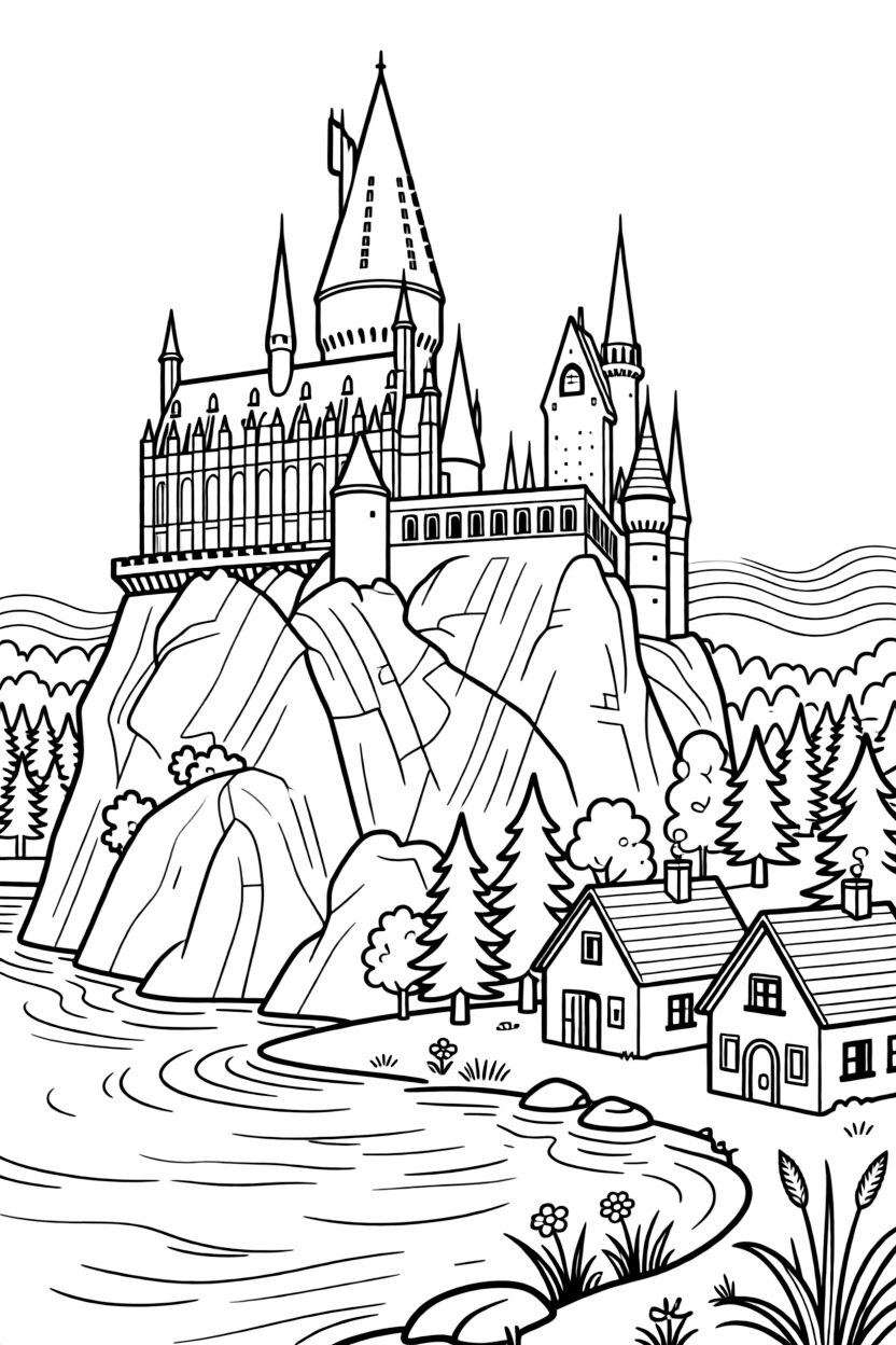 [Castles] a castle surrounded by a moat rising above a misty forest atop a rocky cliff, smiling proudly. Nearby, small cottages cluster near the castle walls. Arched windows line the stone walls. The scene is captured at high noon, with heat waves shimmering in the distance, giving the page a lively and adventurous feel that invites plenty of colorful detail.