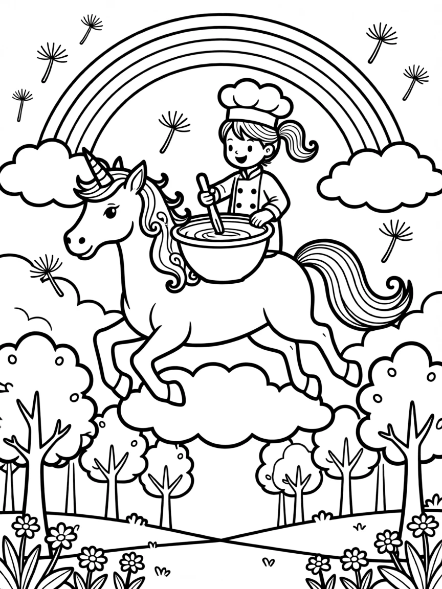 A girl chef stirring a giant mixing bowl is flying through fluffy clouds on a friendly unicorn in a quiet clearing of an enchanted forest. In the background, floating dandelion seeds catching the light and a soft rainbow arching overhead give the moment a cozy feel.