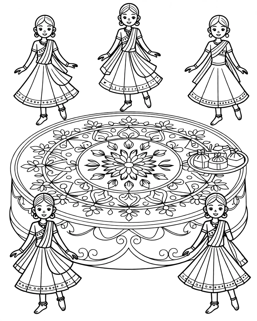 A close-up of a colorful rangoli pattern made of flower petals on a decorated stage set up for a community celebration, surrounded by a group of dancers in bright costumes and a tray of sweets wrapped in colorful paper.